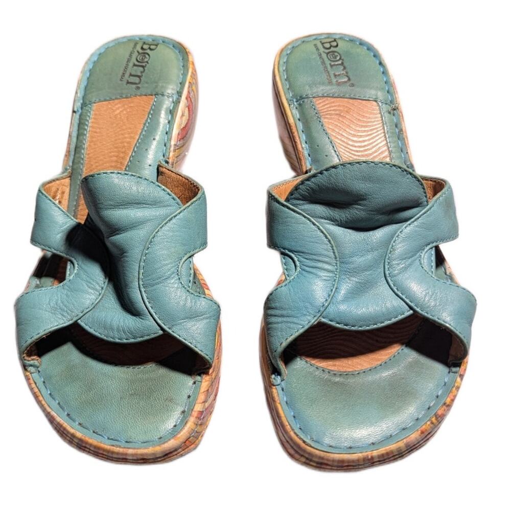 Born Teal Leather Sandals with Striped Wedge - Picture 2 of 7